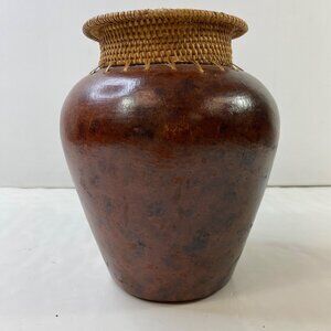 Terracotta  Woven Rattan 9" Vase Rustic Boho Jug Wicker Brown